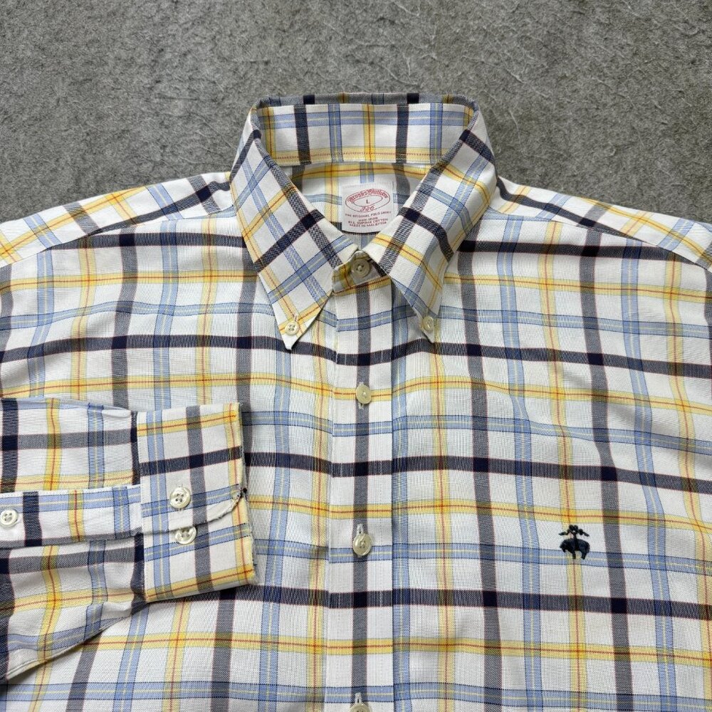 Brooks Brothers Oxford Shirt Men L White Blue Yellow Plaid OCBD